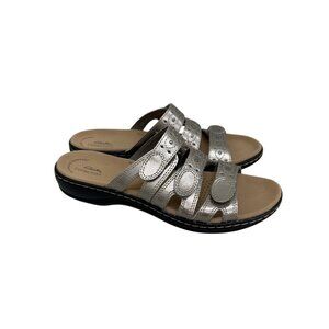 Clarks Leisa Cacti Q Pewter Leather Comfort Slide Sandals Shoes Womens sz 8.5 M